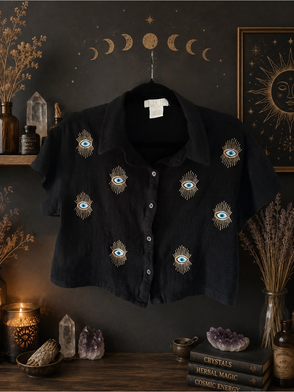LIFE Women’s L Black Cotton Gauze Crop Shirt Evil Eye Embroidered Boho